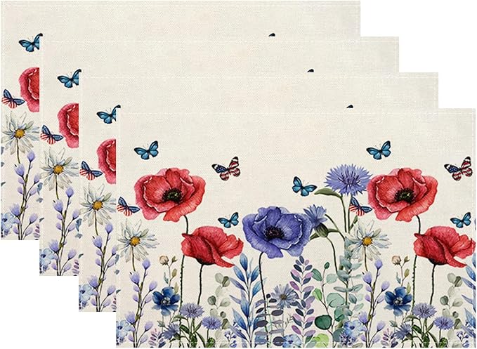 Independence Day Floral Placemats 12x18 Inches Set of 4, 4th of July Blue Red Flower Placemats Summer Decorative Rectangle Modern Table Mats for Party Home Kitchen Dining Table Decoration