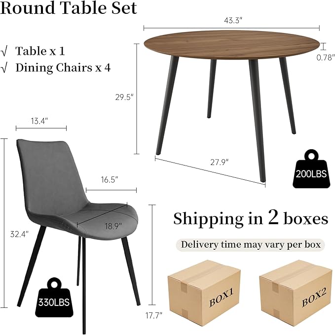 43.3 Inch Round Dining Table Set for 4, Modern Small Kitchen Coffee Set for Dining Room Kitchen Apartment (Walnut Table + 4 Grey Chairs)