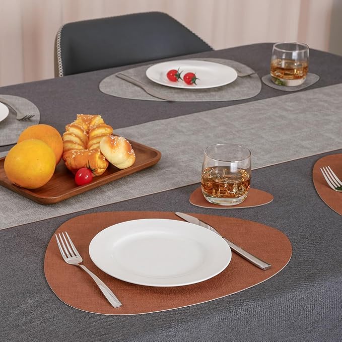 Placemats and Coasters, Washable Placemats Round Faux Leather Wipeable Place Mats Non Slip Heat Resistant Indoor Outdoor Table Mats (Set of 6, Light Gray Reddish Brown)