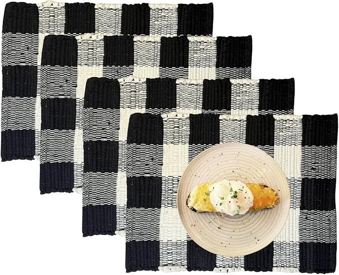 Perilla Home Cotton Placemat Set of 4 Table Mats for Kitchen Dining Home Decor Vintage Boho Rectangle Placemats (Black and White 13"x19")