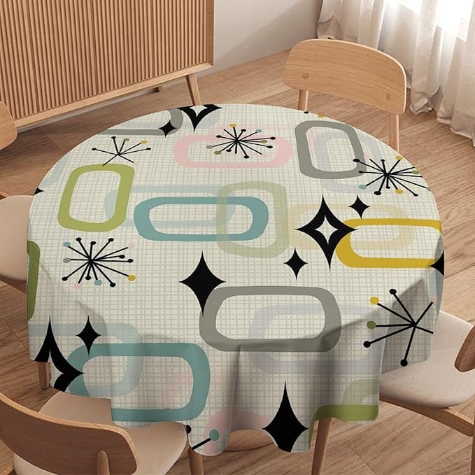 Mid Century Modern Round Tablecloth, Geometry Bohemian Retro Abstract Tablecloth for Home Party Dining Room Kitchen Decor 50Inch(127cm)