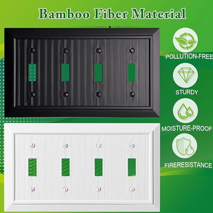 Beadboard Outlet Covers Wall Plates, Bamboo Fiber Light Switch Covers, Natural Material Electric Receptacle Decorative Switch Plate Outlet Cover Matte Black (4 Gang Toggle 1 Pack)