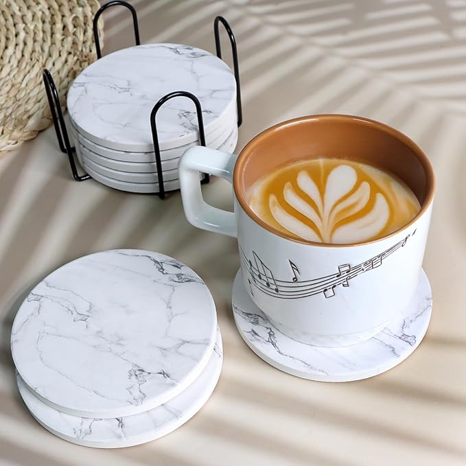 Ceramic Coaster Set of 8, 4 Inch Drink Coasters with Holder, Absorbent Drink Coasters for Dining Table, Round Coasters Set for Drinks, Cup Coaster for Home Decor, Housewarming Gift