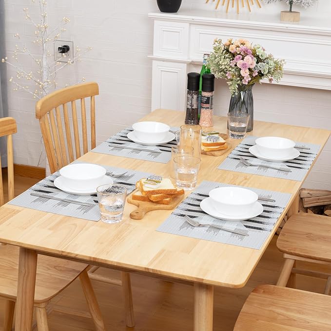 Winknowl Placemats Set of 6, Heat Resistant Stain Resistant Woven Vinyl Insulation Place mats, Durable Washable Elegant Table Mats for Kitchen Dining Table Decor (Geometric Gray)