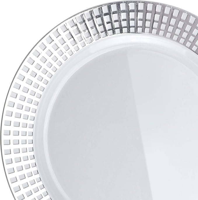 OCCASIONS 120 Plates Pack,(60 Guests) Premium Wedding Party Disposable Plastic Plates Set -60 x 10.25'' Dinner + 60 x 7.5'' Salad/Dessert (Princess White/Silver)