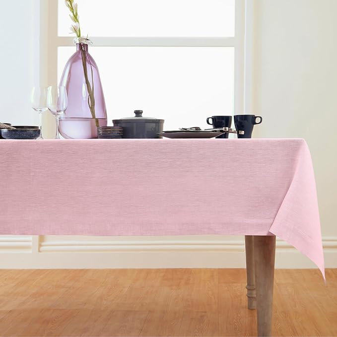 Solino Home Linen Tablecloth 60 x 132 Inch - 100% Pure Linen Bubblegum Pink Table Cloth for Rectangle Tables - Athena, Machine Washable Tablecloth for Valentines, Spring, Easter