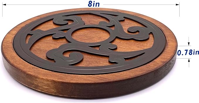 Cast Iron with Wood Trivets Set of 2, Wooden Trivets for Hot Dishes, 8-inch Round Kitchen Hot Pads for Table and Kitchen Counter- Heat Resistant, Rustproof, Non-Slip Durable, Hand Crafted (Black)