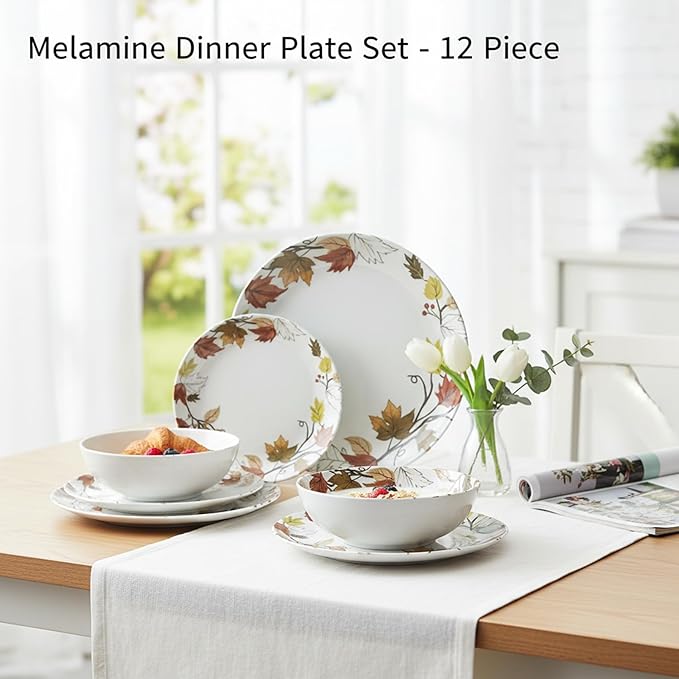 Melamine Dinnerware Sets 12 Pcs, Melamine Plates and Bowls,Party Plates and Bowls Sets, Camping Dishes Set for 4, Unbreakable, BPA Free, Dishwasher Safe（Yellow Maple Leaves）