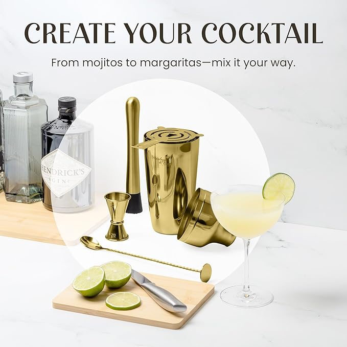 Mixology & Craft Cocktail Shaker Set with Bamboo Stand - Professional 18oz 10-Piece Bartender Kit - Complete Bar Set & Cocktail Mixer Kit for Home (Gold)