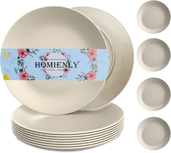 Wheat Straw Dinner Plates Set of 8 - Alternative to Plastic - Microwave & Dishwasher Safe - Unbreakable - For Kitchen, Camping, Salad, Appetizer (Beige, 10 inch)