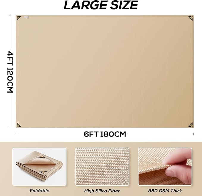 Heavy Duty Fiberglass Welding Blanket, Heat Resistant Blanket with Brass Grommets, Multi-Purpose Welding Mat for Grill, Smoker, Camping, Industrial Use (4x6 ft)