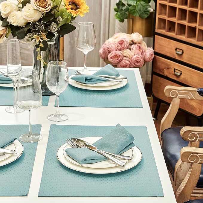 Place Mats Set of 8 – Rectangle Rectangular Waterproof Fabric Polyester Cloth Washable Wipeable Heat Resistant Placemats for Kitchen Dining Dinner Table Indoor 13 x 19 Inch Turquoise