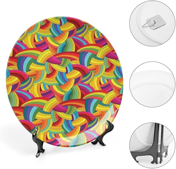 Ceramic Display Plate, Abstract Decor Ceramic Hanging Decorative Plate, Colorful Rainbows Wheels Spiral Wavy Fashionable, 6 Inch, Household Custom Ceramic Plate, Multy