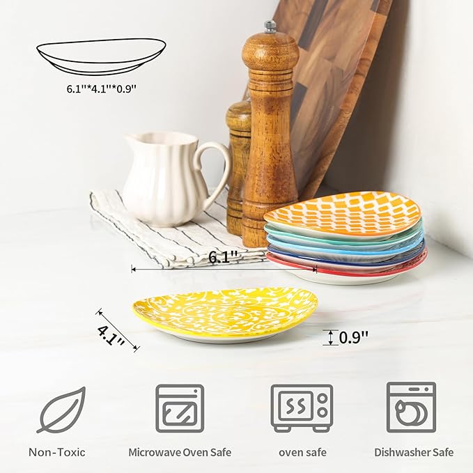 Selamica Small Dinner Plates, Oval Dessert Plates Ceramic, 6 Inch Small Plates for Appetizer, Cake, Snacks, Microwave Dishwasher Safe, Set of 6, Assorted Colors