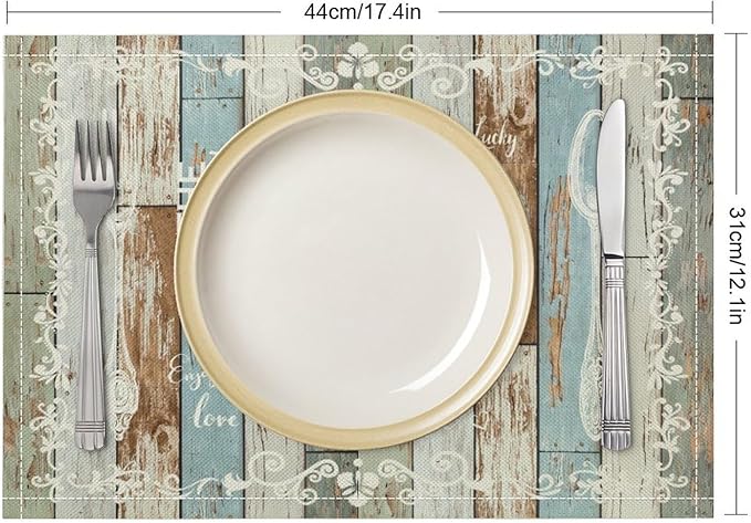 Vintage Farmhouse Placemat Set, Green Blue Rustic Wooden Plank Art Sketch Cutlery Knife Fork Inspirational Quotes Pattern Home Decor Linen Table Mats for Dining Room Kitchen Party (17x12in) x4P