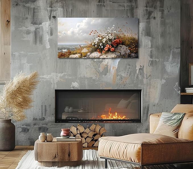 ADJUVANT Wall Art Vintage Coastal Floral Scene 60"L x 30"W, Seaside Wildflowers By The Ocean Canvas Painting Nature Artwork Coastal Blooms Prints Botanic Decor for Living Room Bedroom Bathroom Home Office
