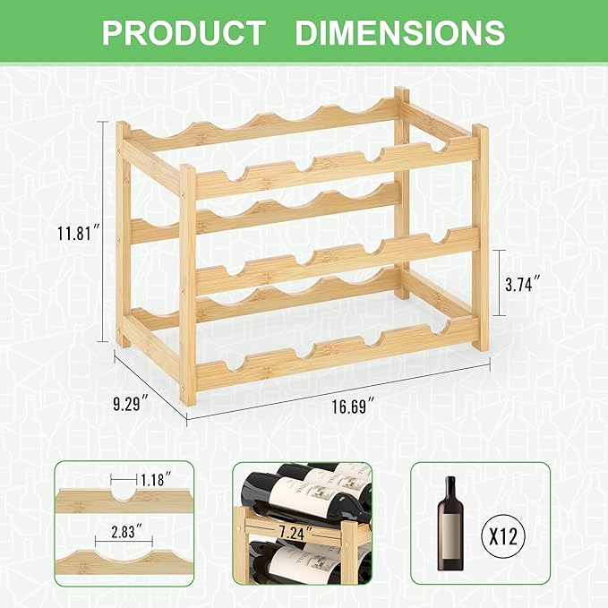 Wine Rack Countertop for 12 Wine Bottles, Small Bamboo Free Standing Racks Tabletop Display, Wooden Wine Storage Organizer for Cabinet Pantry Kitchen Bar Home Dining Room (Natural)