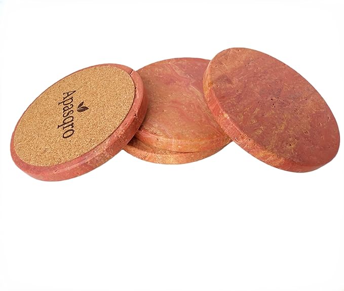Natural Travertine Stone Coasters Set of 4 with Cork Backing – 4” (10cm) Round Absorbent Drink Coasters, Non-Slip Coffee Table Protectors, Rustic Farmhouse & Modern Décor, Gift-Ready