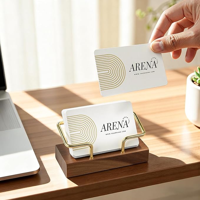 Business Card Holder for Desk, Minimalist Wooden Desk Organizer with Brass Metal Frame, Stylish Office & Home Decor for Professional Card Display(Walnut Rectangle)