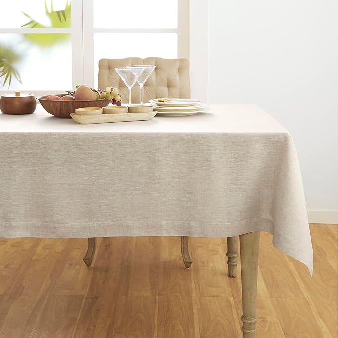 Solino Home Linen Tablecloth 60 x 90 Inch - 100% Pure Linen Light Natural Table Cloth for Rectangle Tables - Athena, Machine Washable Tablecloth for Spring, Easter