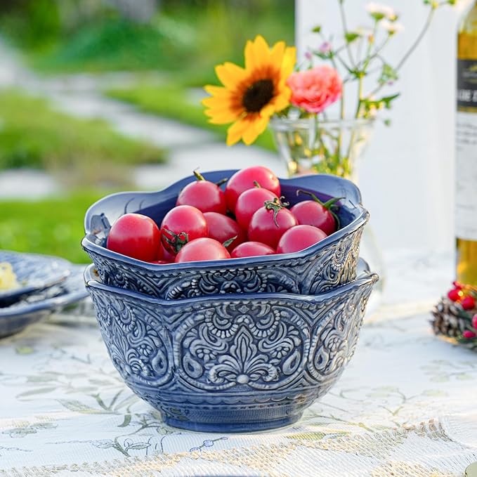 Sungmor Embossed Stoneware Fine Dining Dinnerware, Antique Baroque Style Porcelain 6 Inch (20 oz) Flower Shape Bowls Set of 4, Sophisticated Ceramic Bowls for Soup, Cereal, Oatmeal, Rice, Pasta, Salad
