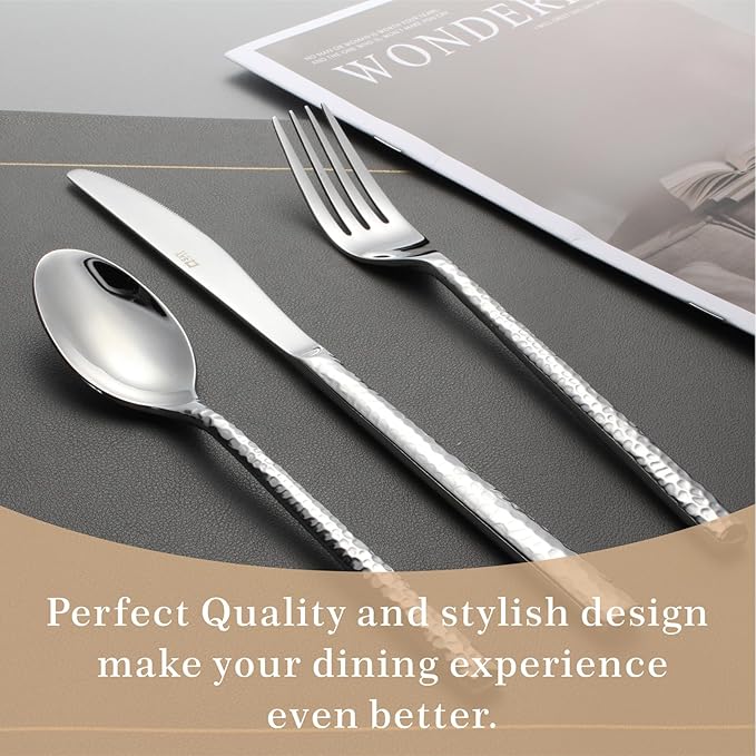 20-Piece Forged Hammered Stainless Steel Flatware Cutlery Set for 4, SXY INOX Includes Dinner Knives,Dinner Forks, Tea Spoons, Dinner Spoons, Salad forks, Mirror Polished - Dishwasher Safe