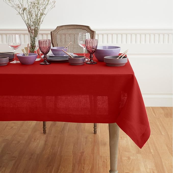 Solino Home Linen Red Square Tablecloth 52 x 52 Inch - 100% Pure Linen Table Throw - Fete, Machine Washable Table Cloth for Valentines, Winter