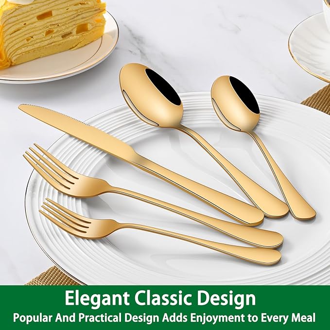 30 PCs Gold Flatware Sets Service For 6 Person,Shiny Gold Stainless Steel Silverware Sets Dinner Knives Fork And Spoons For Home Party And Wedding