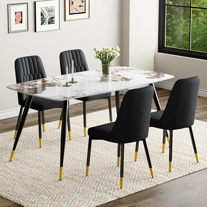 Table and Chairs Set of 4, Dining Room Table Set for 4, Sintered Stone Kitchen Table Top and Modern Chairs Set of 4 for Kitchen Dining Room