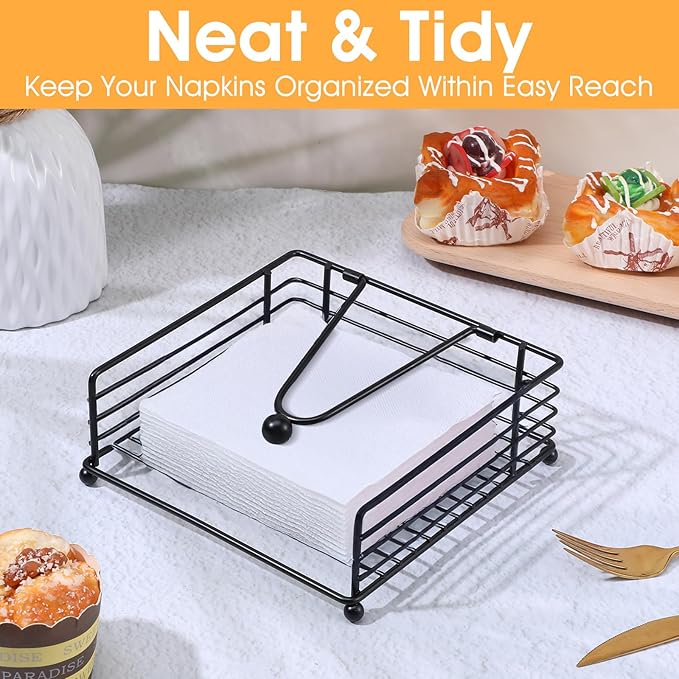 3 Pcs Napkin Holders for Paper Napkins, Black Flat Napkins Holders, Metal Napkin Dispenser for Kitchen Tables, Farmhouse, Dinner, Outdoor - 7.1" L x 7.1" W x 2.7"H