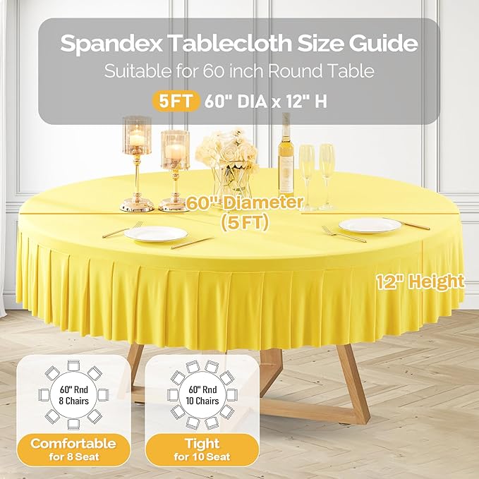 6 Pack Yellow Spandex Round Tablecloths for 60 inch Tables, Stretchy Fitted 5FT Round Table Cloths with Skirt for Wedding Party Dining Banquet