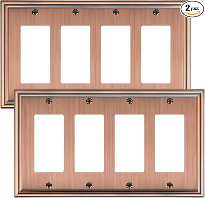 2-Pack Quad Decorator Outlet Cover Plate, Zinc Alloy Antique Copper Switch Plates and Outlet Covers, 4 Gang Wall Plates for Electrical Outlets, Receptacle, GFCI Outlet, Dimmer Switch