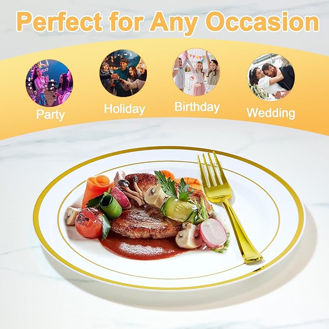200 PCS Gold Plastic Plates Disposable, White and Gold Plastic Plates Include 100 Dinner Plate and 100 Dessert Plate Perfect for Holiday, Party & Wedding