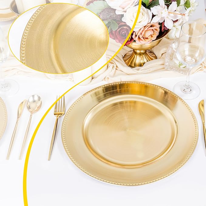 LIYH 24 Pcs Plastic Round Charger Plates 13'' Gold Charger Plates Chargers for Dinner Plate Great for Table Setting Wedding Party Decoration