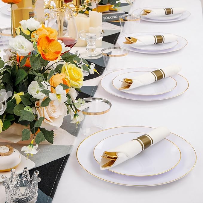 Rubtlamp 140Pcs Gold Plastic Plates, White Plates with Gold Rim, Disposable Dinnerware Include 20Dinner Platos,20Dessert Platos,20Pre Rolled Napkins with Cutlery,20 Cups