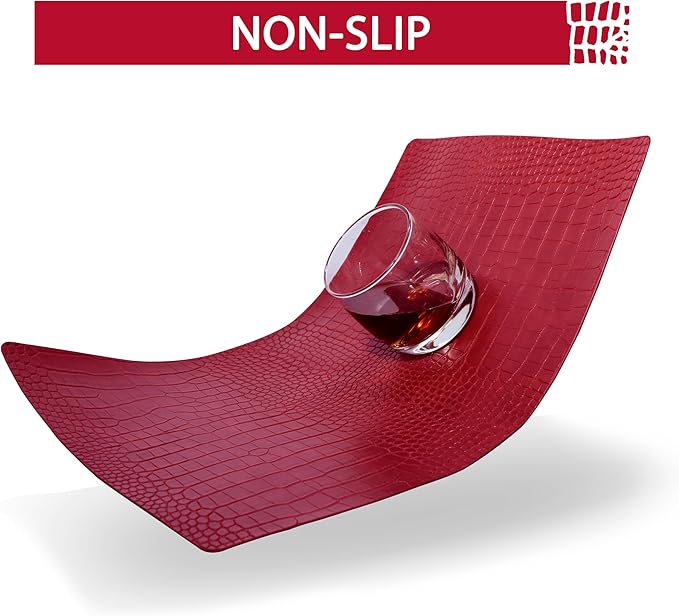 Jovono Faux Leather Placemats Set of 6, Waterproof Heat Resistant Dinner Place Mats for Dining Table, Non-Slip Crocodile Embossed, Red (17.8x11.8 Inch)