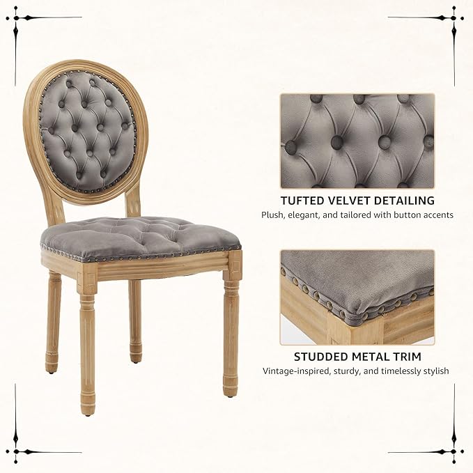 Vintage French Dining Chairs Set of 6, Round Back Velvet Upholstered Accent Chairs with Nailhead Trim and Solid Wood Frame, Elegant Sillas de Comedor for Dining Room & Kitchen, Gray