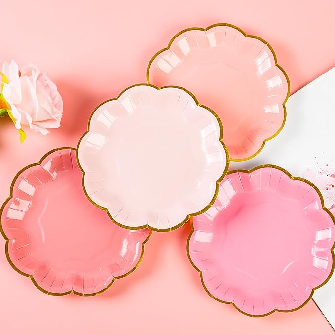 Pink Party Plates Valentines Day Gradient Pink Dessert Paper Plates 7inch Gold Foil Scalloped Edge Disposable Cake Plates for Christmas Birthday Bridal Baby Shower Party Supplies (24)