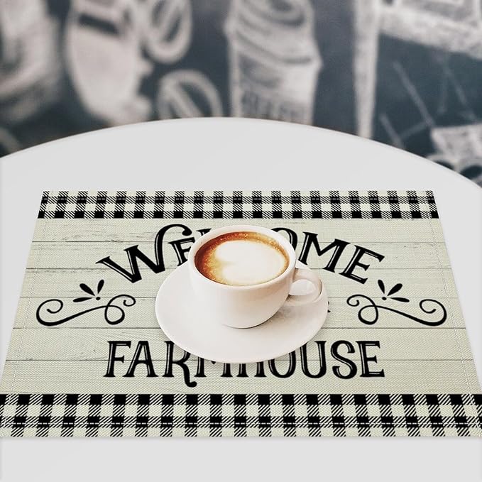 Vintage Farmhouse Placemat Set, Rustic Minimal Black White Check Inspirational Quotes Sketch Sunflower Pattern Home Decoration Linen Table Mats for Dining Room Kitchen Party (17x12in) x6P