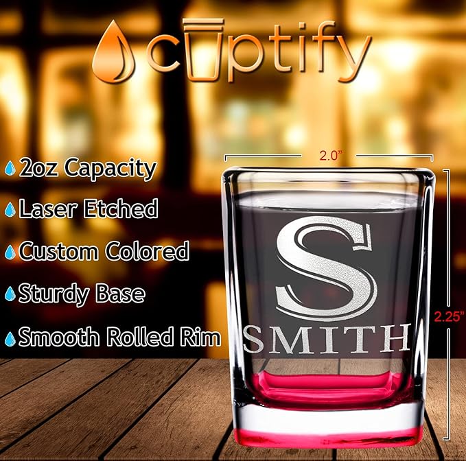 Personalized Square Shot Glasses Set of 50 Red Bottom 2oz Engraved Initial and Name Custom Gifts, Weddings, Birthdays, Party, Event, Decorations