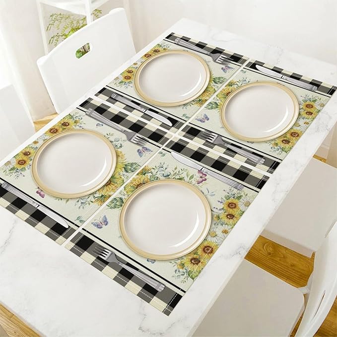 Vintage Sunflower Theme Placemat Set, Rustic Farmhouse Vivid Lavender Floral Butterflly Black White Check Pattern Home Decor Linen Table Mats for Dining Room Kitchen Party (17x12in) x2P