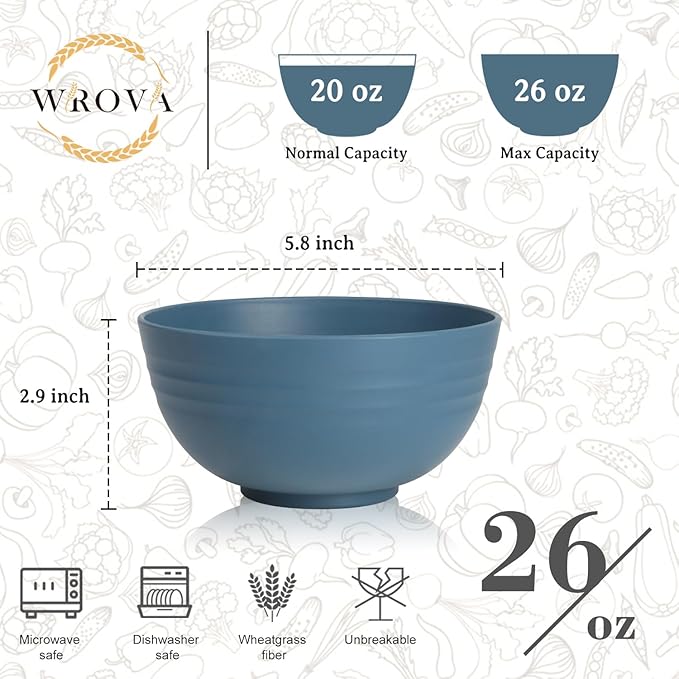 Wrova Wheat Straw Camping Bowls Sets of 6,Unbreakable 26oz Lightweight Bowls Sets for Outdoors Activity,Breakfast Bowls for Cereal and Salad.Vibrant Series