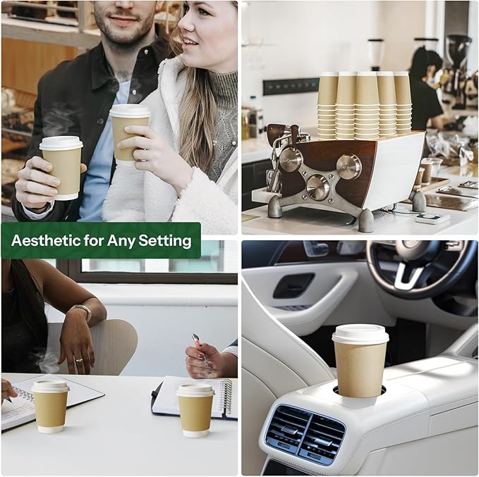 Disposable Coffee Cups with Lids 16 oz To Go Hot Cups,100 Pack Insulated Compostable Paper Cups with Lids, PLA Coated Natural Kraft Double Wall Disposable Cups for Everyday Home Togo Office Coffee Bar