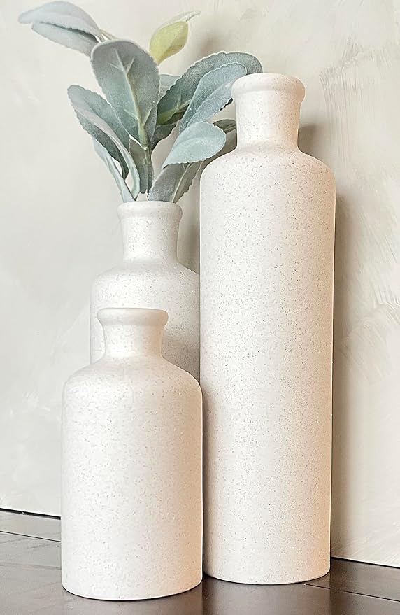 Tall Off-White Ceramic Vase Set of 3– Large Modern Farmhouse Decor Vases for Living Room, Coffee Table & Shelf Styling – Minimalist Neutral Decorative Flower Vases, Elegant Home Accent Gift