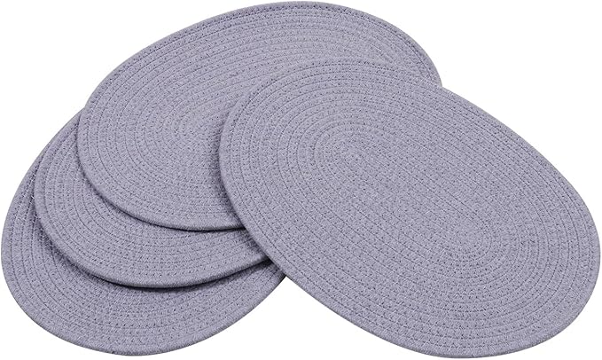 Braided Placemats Set of4 Cotton Fabric Oval Table Mats Non Slip Washable 16 * 12 inch Oval Place Mats, 4 Pack Grey Woven Placemats