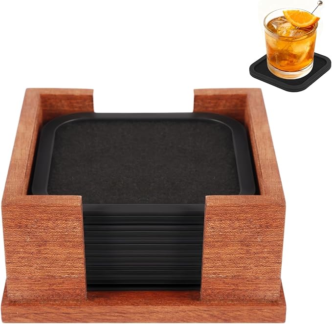 Lexenic Sleek Absorbent Coasters for Drinks with Solid Acacia Wood Holder, Silicone Cup Mat with Removable Felt Insert, Non-Slip, Non-Stick, Gift for Coffee Table Kitchen Decor, 6PCS (Black)
