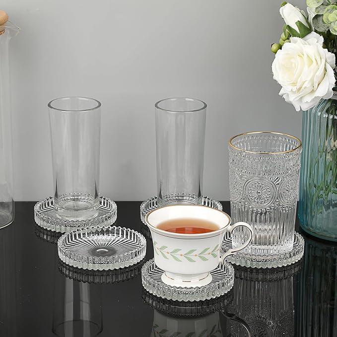 JUXYES 5 Pack Glass Coasters Round Cup Mat, Clear Glass Coaster for Drinks Coffee Tea Wine, Decorative Wine Bottle Coasters, Crystal Drink Coasters for Restaurant bar Kitchen Dining Table
