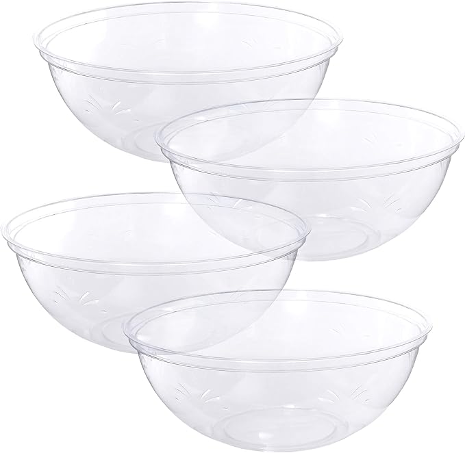 PLASTICPRO Disposable Round Serving Bowls, Party Snack or Salad Bowl, Plastic Crystal Clear Pack of 4 (X Large Bowls, 4)
