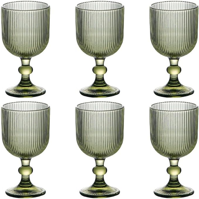 Green Drinking Glasses set of 6 Big Wine Goblets Vintage Colored Glassware 13 oz for Wedding Party Bar Vertical Line Embossed Pattern Stemmed Cups 400ml