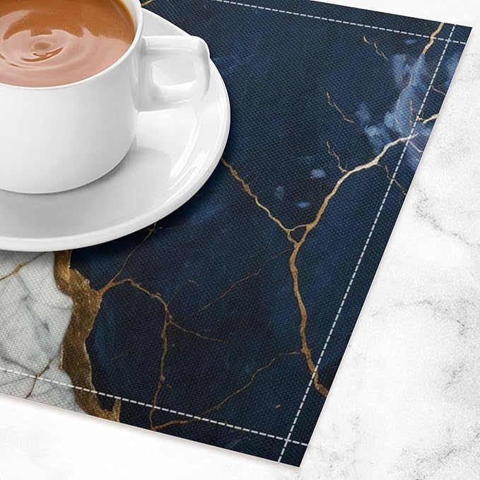 Marble Linen Placemats Set of 4, Modern Abstract Foil Texture White Navy Blue Gold Marble Washable Place Mats, Non Slip Placemat for Home Party Dining Tables Wedding Kitchen Banquets Decor 12x17 Inch